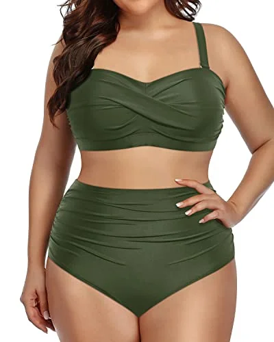 Twist-Front Plus Size High Waist Bikini Two Piece Bathing Suits For Women-Army Green