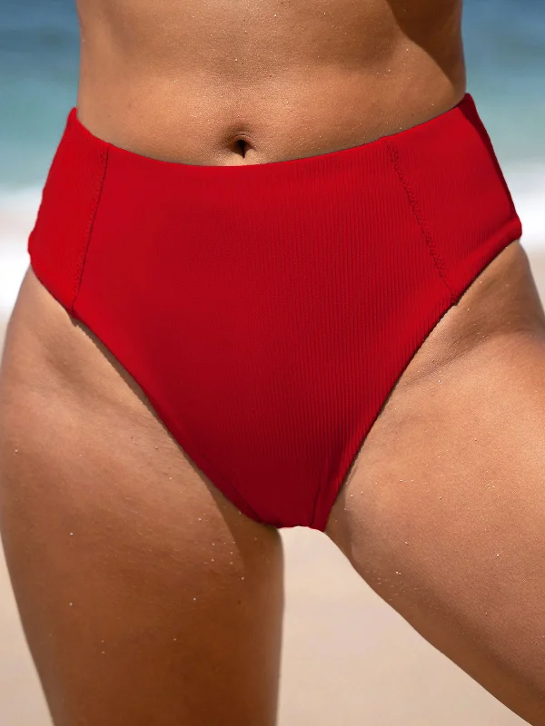 Red Ribbed Seam Full Coverage Bikini Bottom