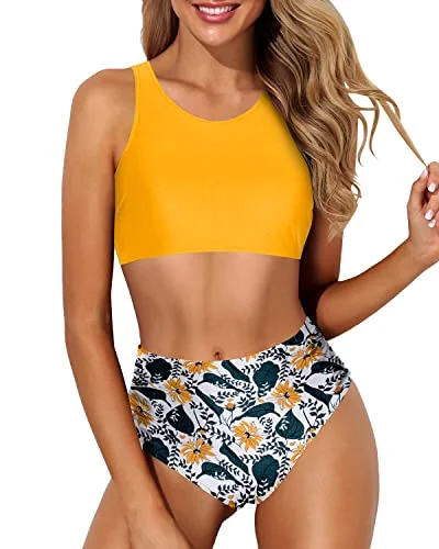 Crop Top Racerback Two Piece Bikini Set For Women-Yellow Floral