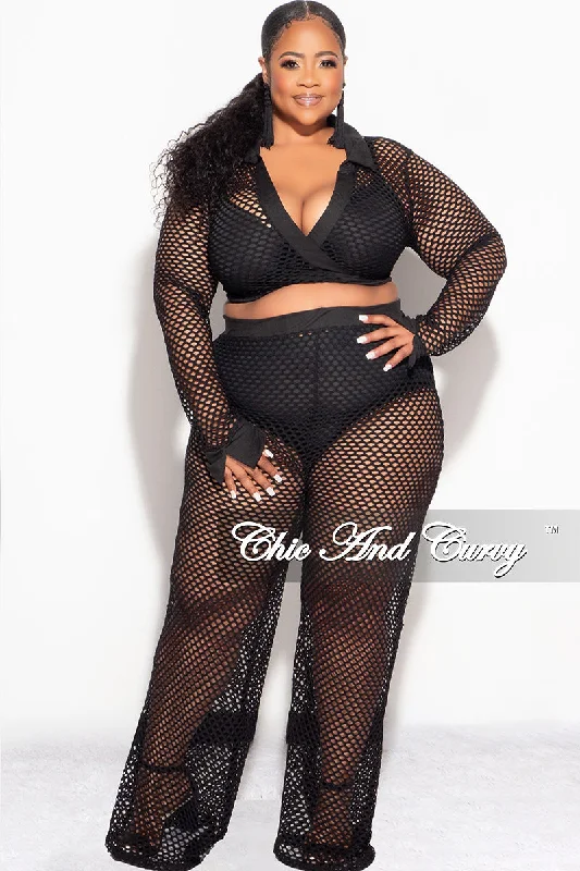 Final Sale Plus Size 2pc Fishnet Faux Wrap Tie Top and Pants Set in Black