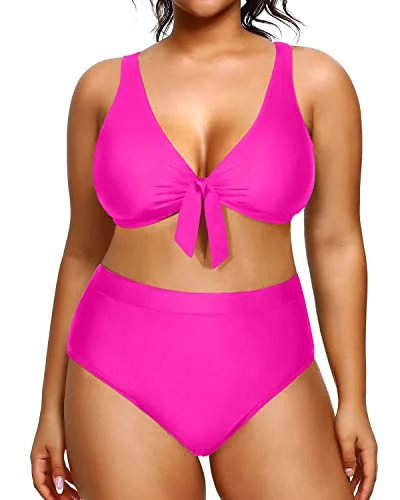 Plus Size Tummy Control Swimwear Bikini High Waisted Two Piece-Neon Pink