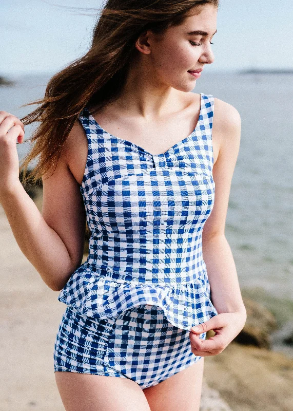 celia in gingham top