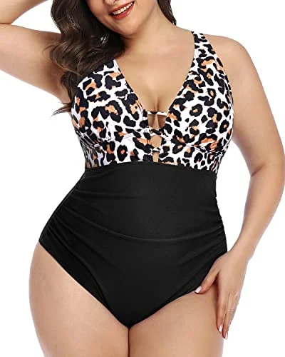 Lace Up Plunge V Neck Plus Size Ruched One Piece Swimsuit-Black And Leopard