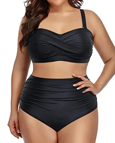 Plus Size Tummy Control Two Piece Bathing Suits For Women-Black