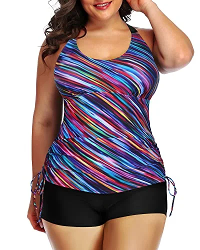 Athletic Plus Size Tankini Swimsuit Bathing Suit Top Shorts-Color Oblique Stripe