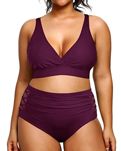 Plus Size Bikini High Waisted Two Piece Bathing Suit Tummy Control-Maroon