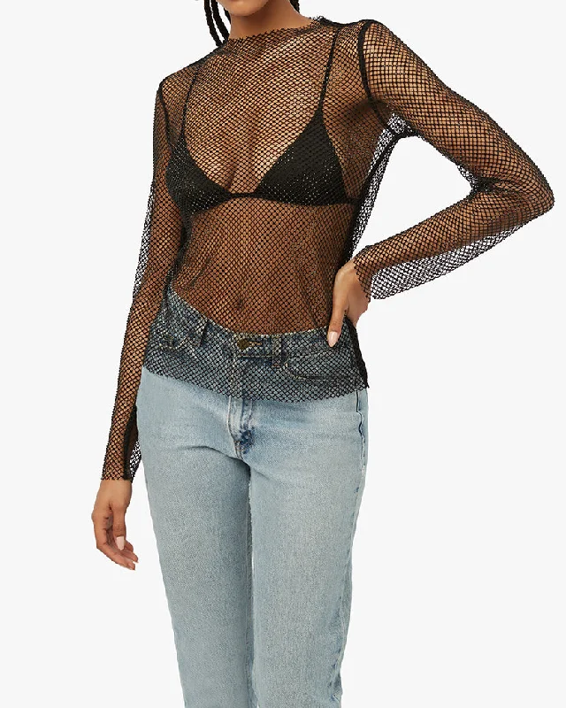 Crystal Mesh Mock Neck Top