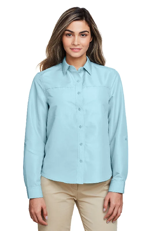 Harriton Womens Key West Performance Moisture Wicking Long Sleeve Button Down Shirt w/ Pocket - Cloud Blue