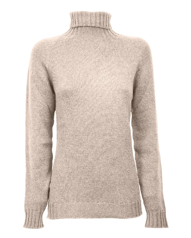 NEW FALL 24 - Women's Cashmere Raglan Sleeve Turtleneck Sweater Beige by Monticelli Cashmere