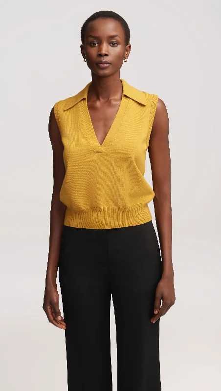 New Deal Collared Sleeveless Knit in Merino Wool | Mustard