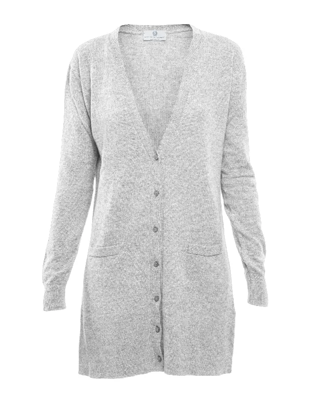 NEW FALL 24 - Women's Long Pure Cashmere Cardigan Sweater Light Gray by Monticelli Cashmere