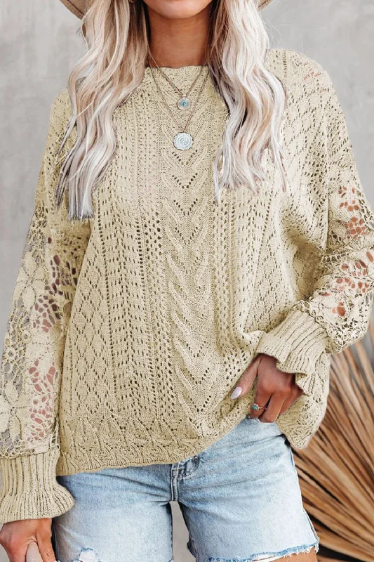 Openwork Round Neck Long Sleeve Sweater