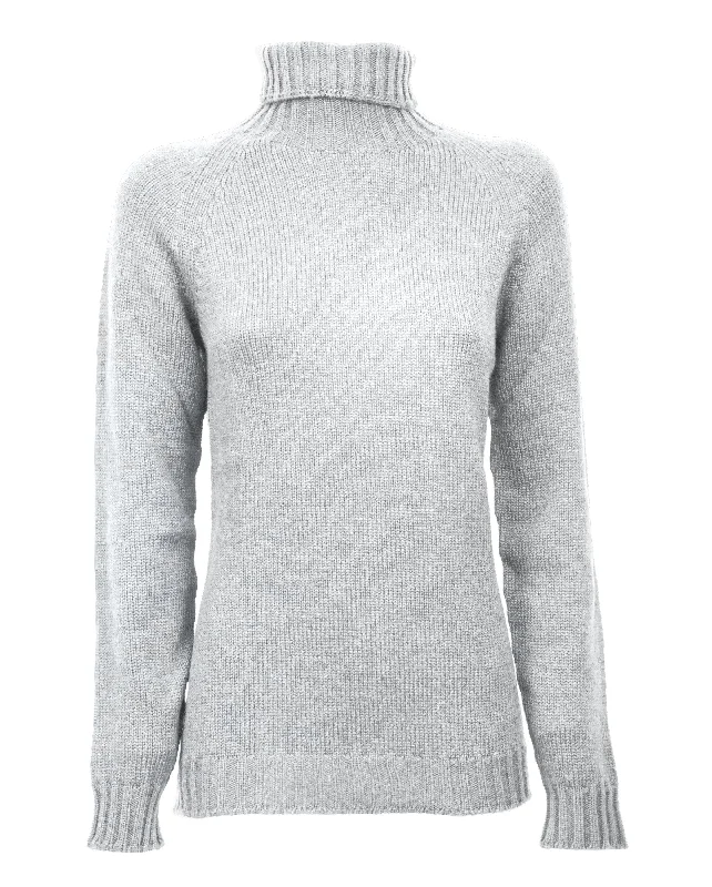 NEW FALL 24 - Women's Cashmere Raglan Sleeve Turtleneck Sweater Light Gray by Monticelli Cashmere