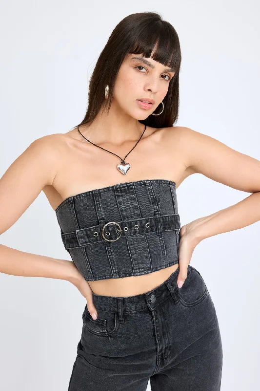 Charcoal Belted Tube Denim Top