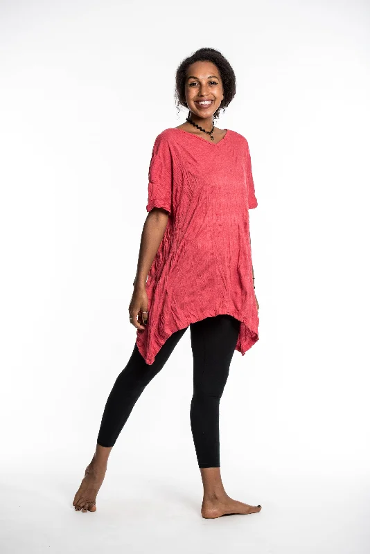 Womens Solid Color Loose V Neck T-Shirt in Red