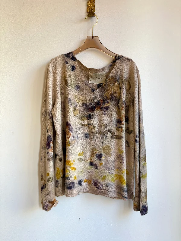 Pale Pink & Yellow Cashmere Eco Printed V-neck Sweater (Reworked)