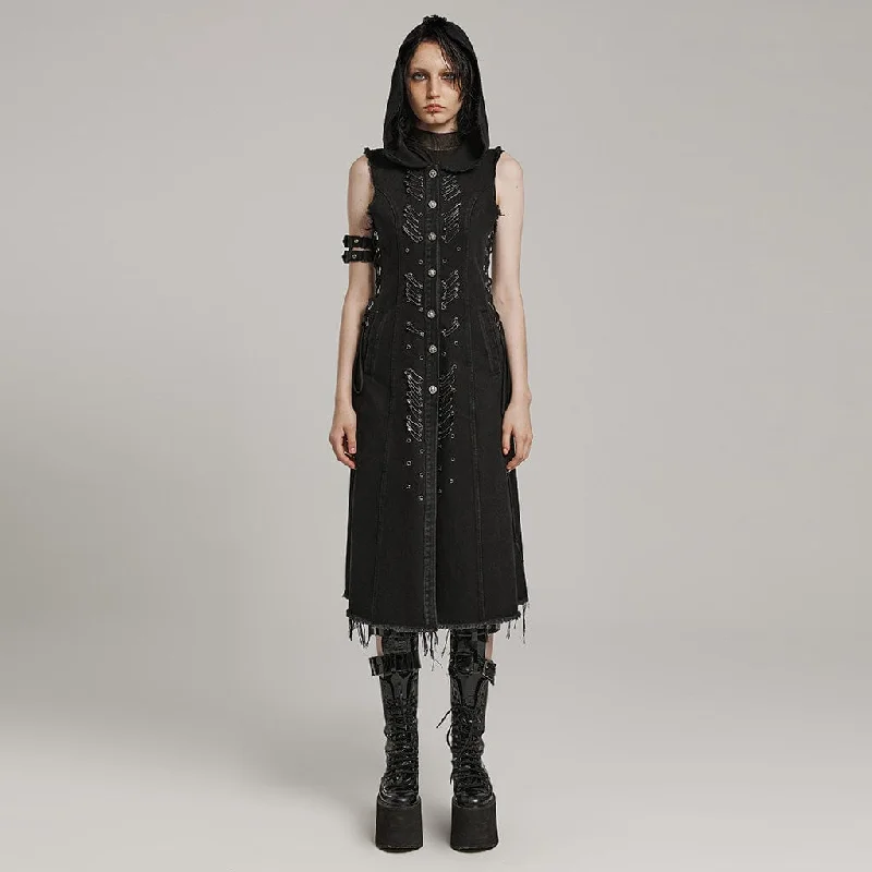 Women's Punk Lace-Up Eyelet Long Vest with Hood