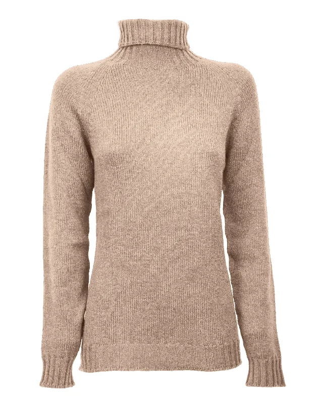 NEW FALL 24 - Women's Cashmere Raglan Sleeve Turtleneck Sweater Taupe by Monticelli Cashmere