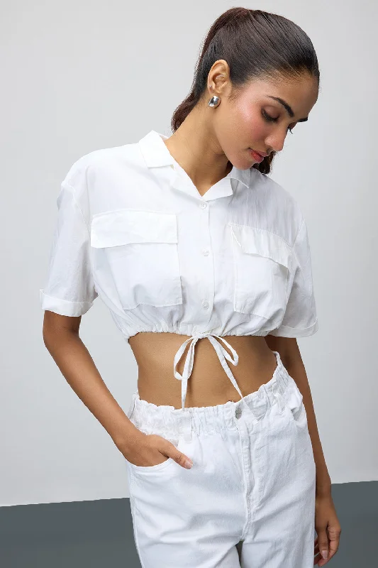 White Tie-Hem Crop Shirt