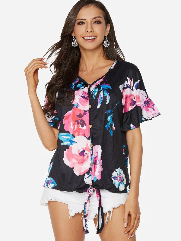 Custom V-Neck Floral Print Short Sleeve T-Shirts