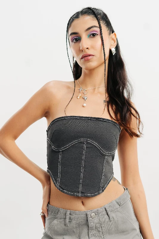 Indie Contrast Denim Bustier Top