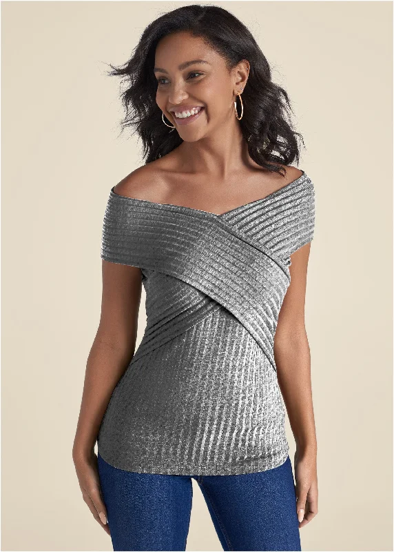 Ribbed Wrap-Front Top - Heather Grey