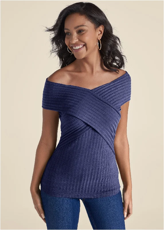 Ribbed Wrap-Front Top - Skipper Blue