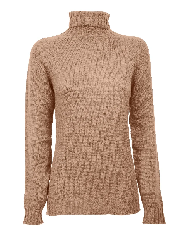 NEW FALL 24 - Women's Cashmere Raglan Sleeve Turtleneck Sweater Camel by Monticelli Cashmere