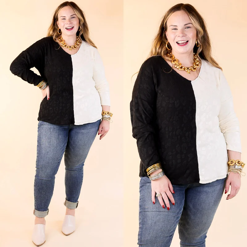 Unmissable Sale Unbeatable Sights Long Sleeve Leopard Print Color Block Sweater in Black and Ivory