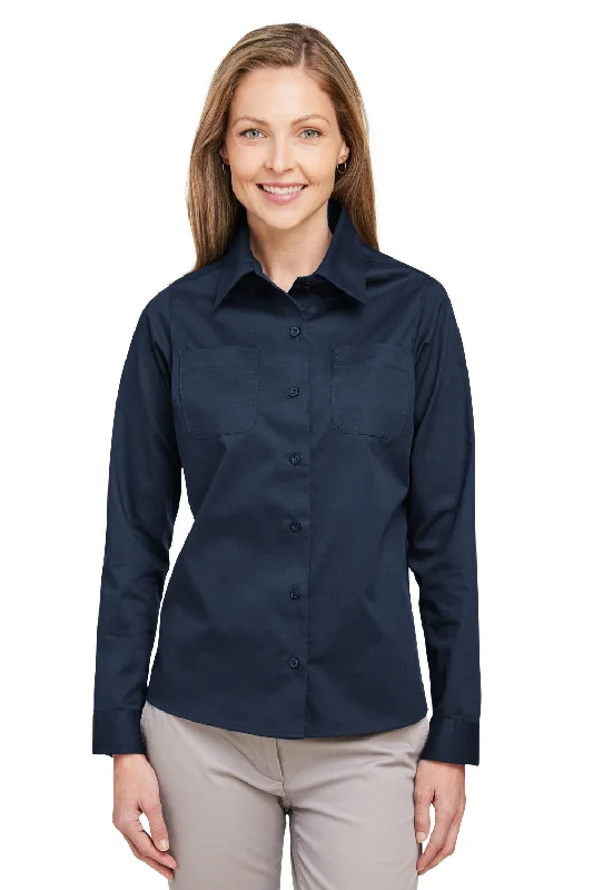 Harriton Womens Advantage Wrinkle Resistant Long Sleeve Button Down Shirt w/ Double Pockets - Dark Navy Blue