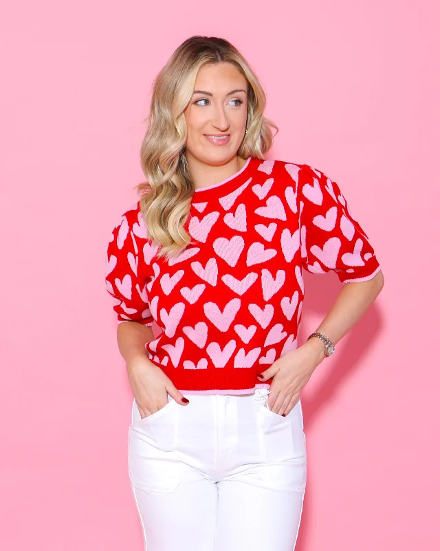 Weekend Extravaganza: Shop Now Hearts Pattern Short Puff Sleeve Sweater Top