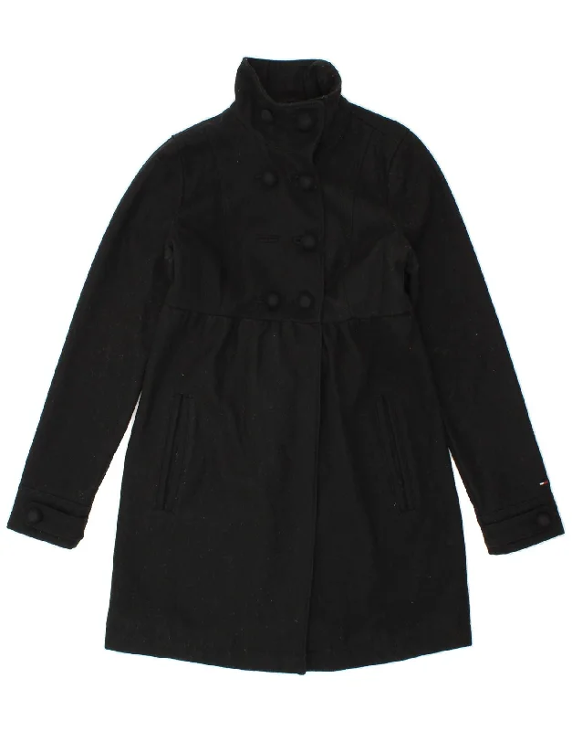 TOMMY HILFIGER Womens Double Breasted Coat UK 12 Medium Black Wool