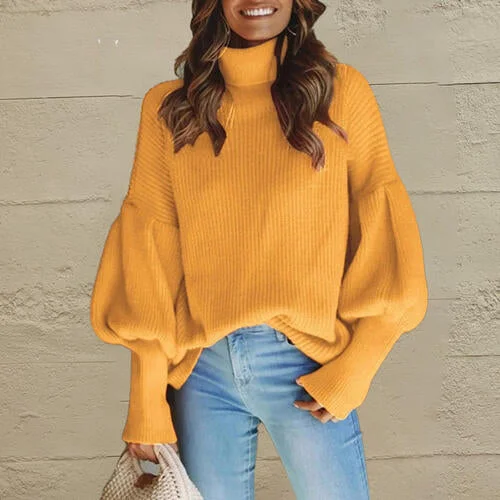Weekend Offers That Shine Turtleneck Lantern Sleeve Dropped Shoulder Sweater