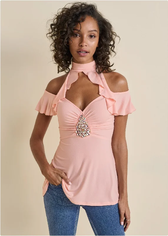 Embellished Ruffle Top - Pink