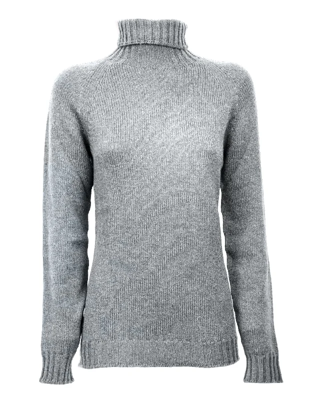 NEW FALL 24 - Women's Cashmere Raglan Sleeve Turtleneck Sweater Melange Gray by Monticelli Cashmere