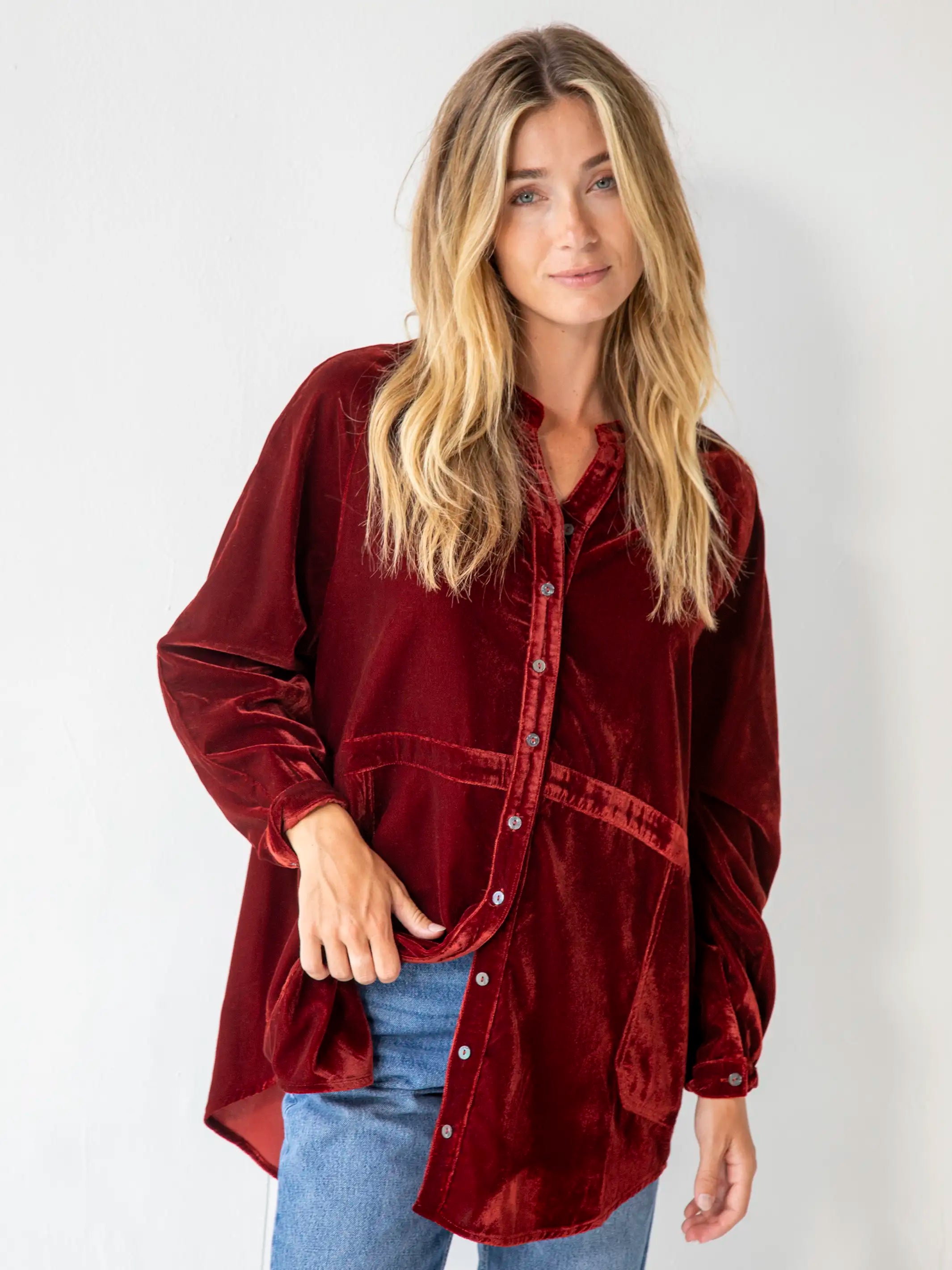 Laid Back Velvet Button Down - Rust