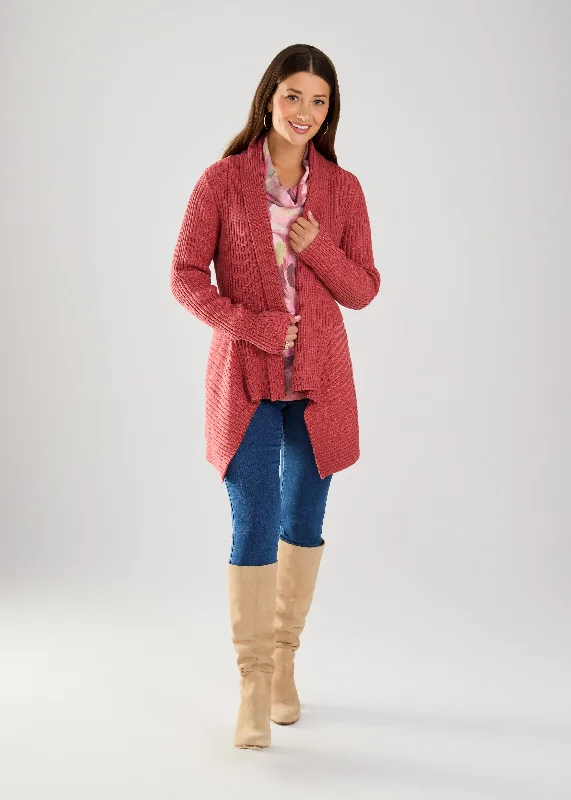 Long-Sleeve Two-Tone Cardigan, Rust Red