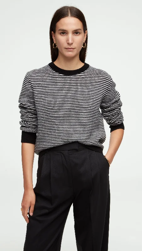 Great Deal Striped Crewneck Sweater in Wool-Cashmere | Ivory/Black