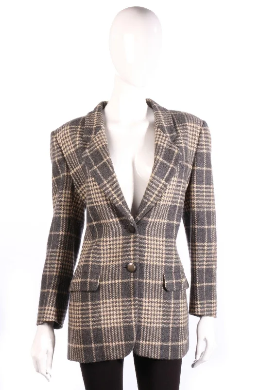 Jaeger Single Breasted Jacket Wool Grey Check UK Size 12