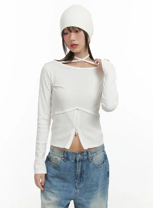 Halter Strap Zip-Up Cropped Top CO410