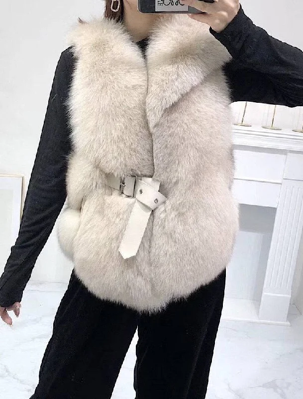 Luxury Soft Fox Fur Gilet With Leather Belt