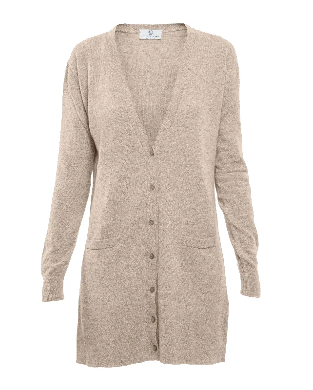 NEW FALL 24 - Women's Long Pure Cashmere Cardigan Sweater Taupe by Monticelli Cashmere