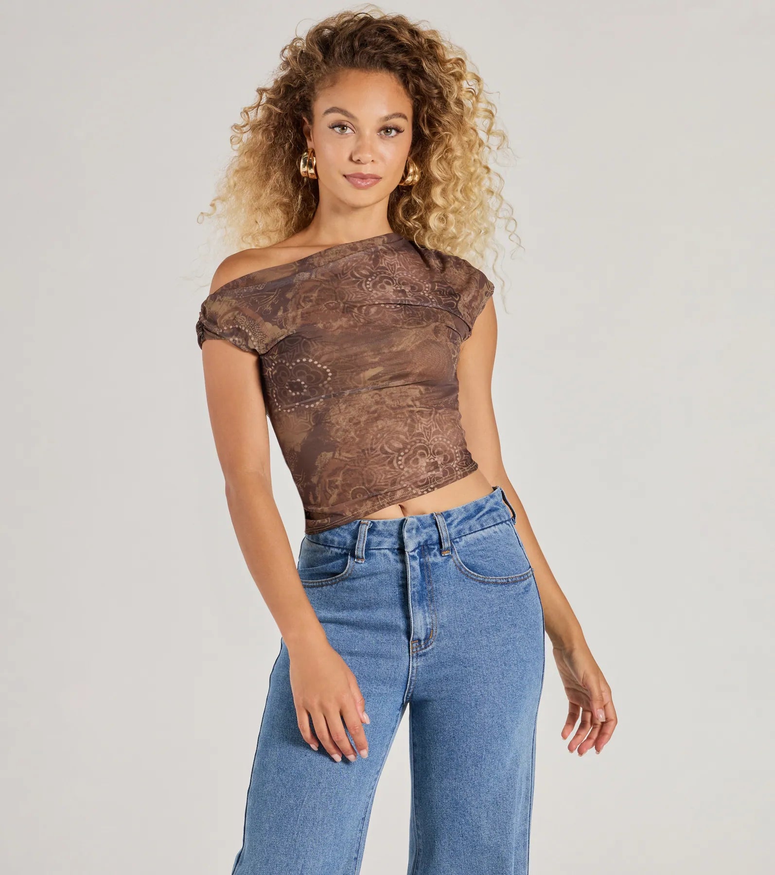 Trendy One-Shoulder Boho Print Crop Top