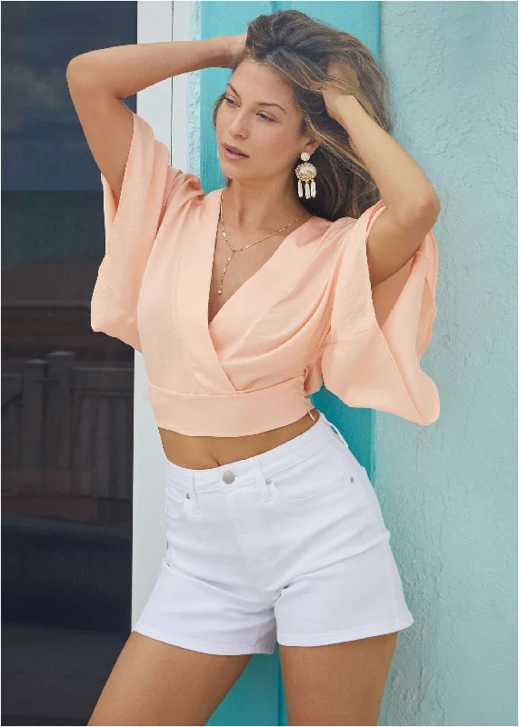 Kimono Sleeve Faux Wrap Top - Blush